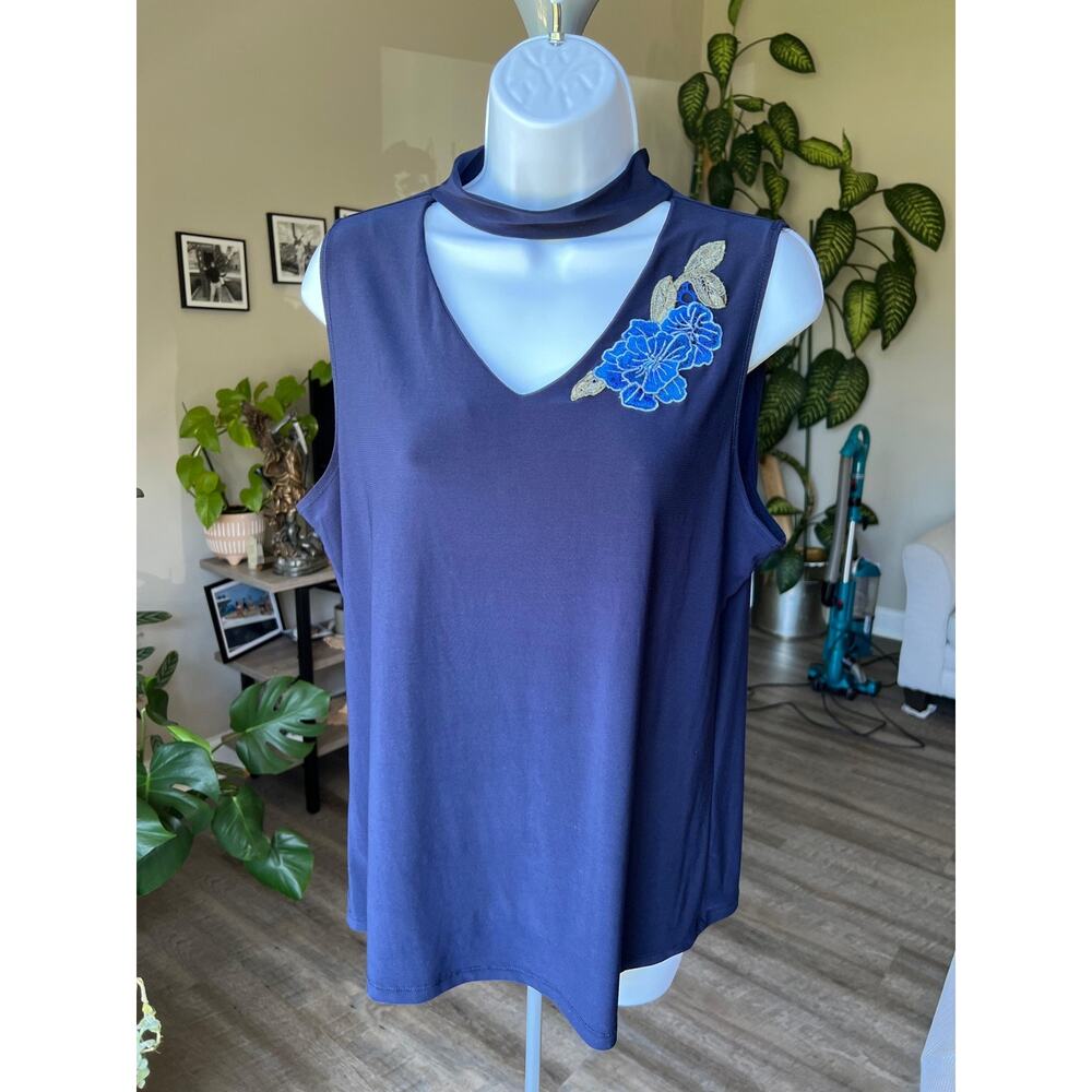 Adele & May Blue Embroidered Mesh Front Sleeveless XL Blouse #518